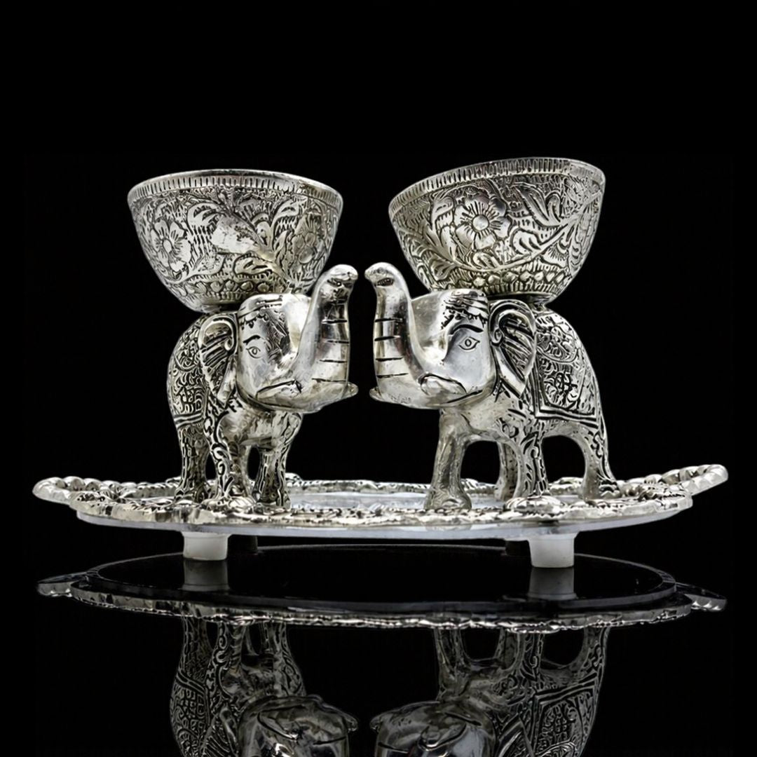 Silver-Plated Elephant Design Bowl & Tray Set | Decorative Tableware & Return Gift Item