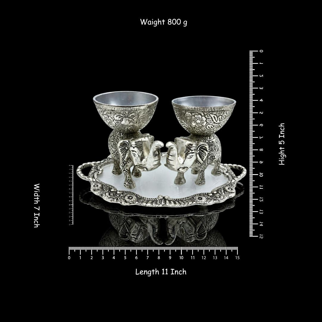 Silver-Plated Elephant Design Bowl & Tray Set | Decorative Tableware & Return Gift Item