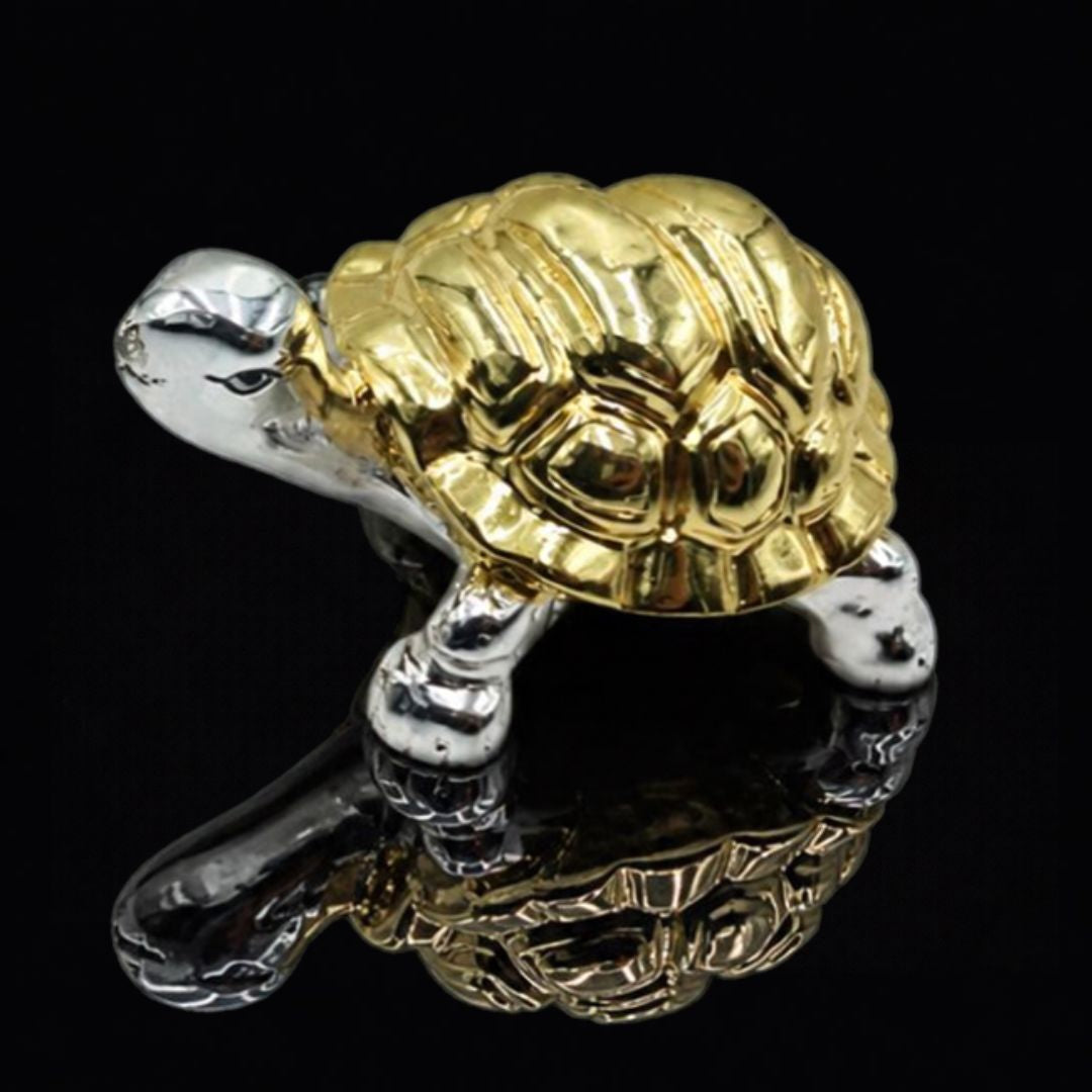 Gold Silver-Plated Vastu Tortoise Showpiece | Lucky Feng Shui Turtle Figurine for Wealth & Good Luck