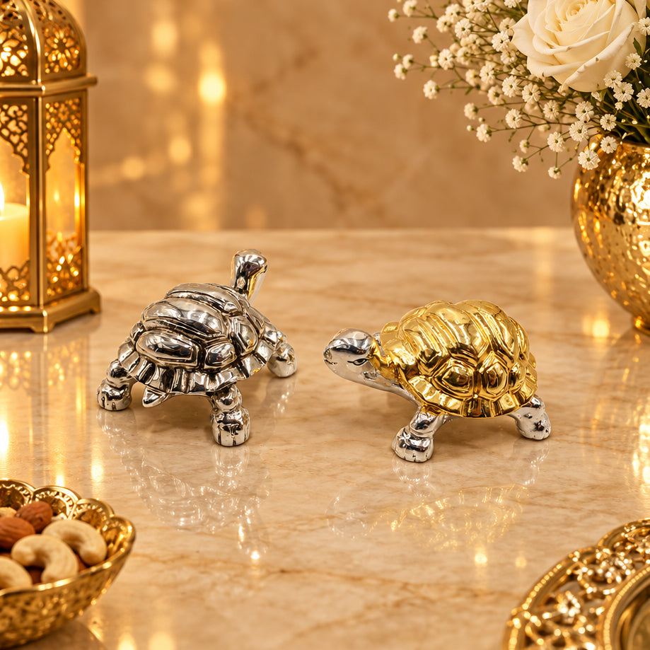 Gold Silver-Plated Vastu Tortoise Showpiece | Lucky Feng Shui Turtle Figurine for Wealth & Good Luck