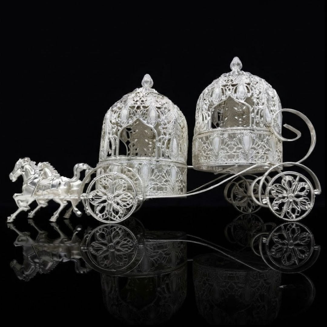 Handcrafted Silver-Plated Royal Horse Carriage Dry Fruit Box & Serving Bowl Set | Luxury Table Decor & Festive Gift