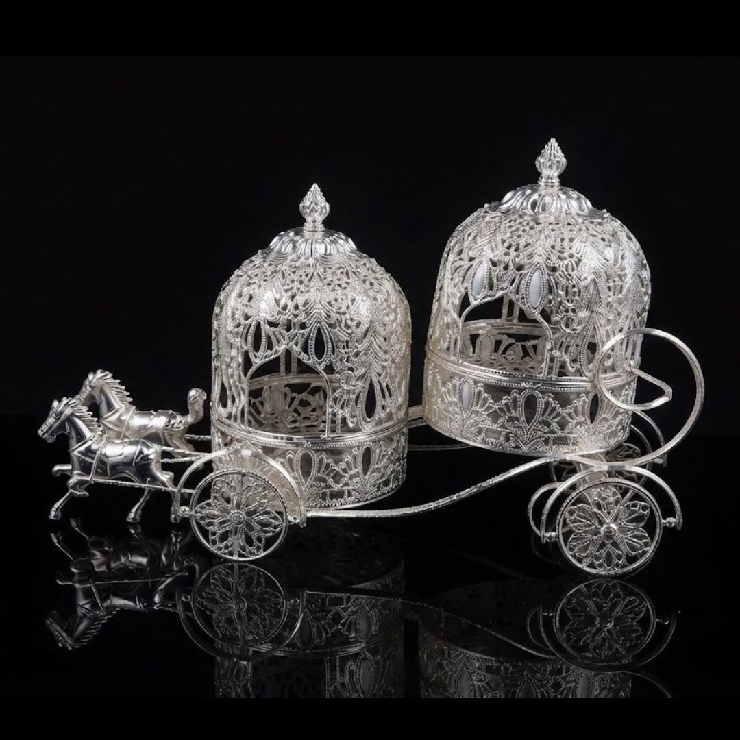 Handcrafted Silver-Plated Royal Horse Carriage Dry Fruit Box & Serving Bowl Set | Luxury Table Decor & Festive Gift