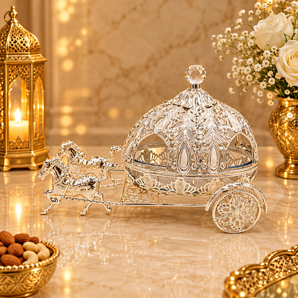 Silver-Pedaled Double Horse Royal Carriage Dry Fruit Box | Luxury Table Decor & Festive Gifting Item