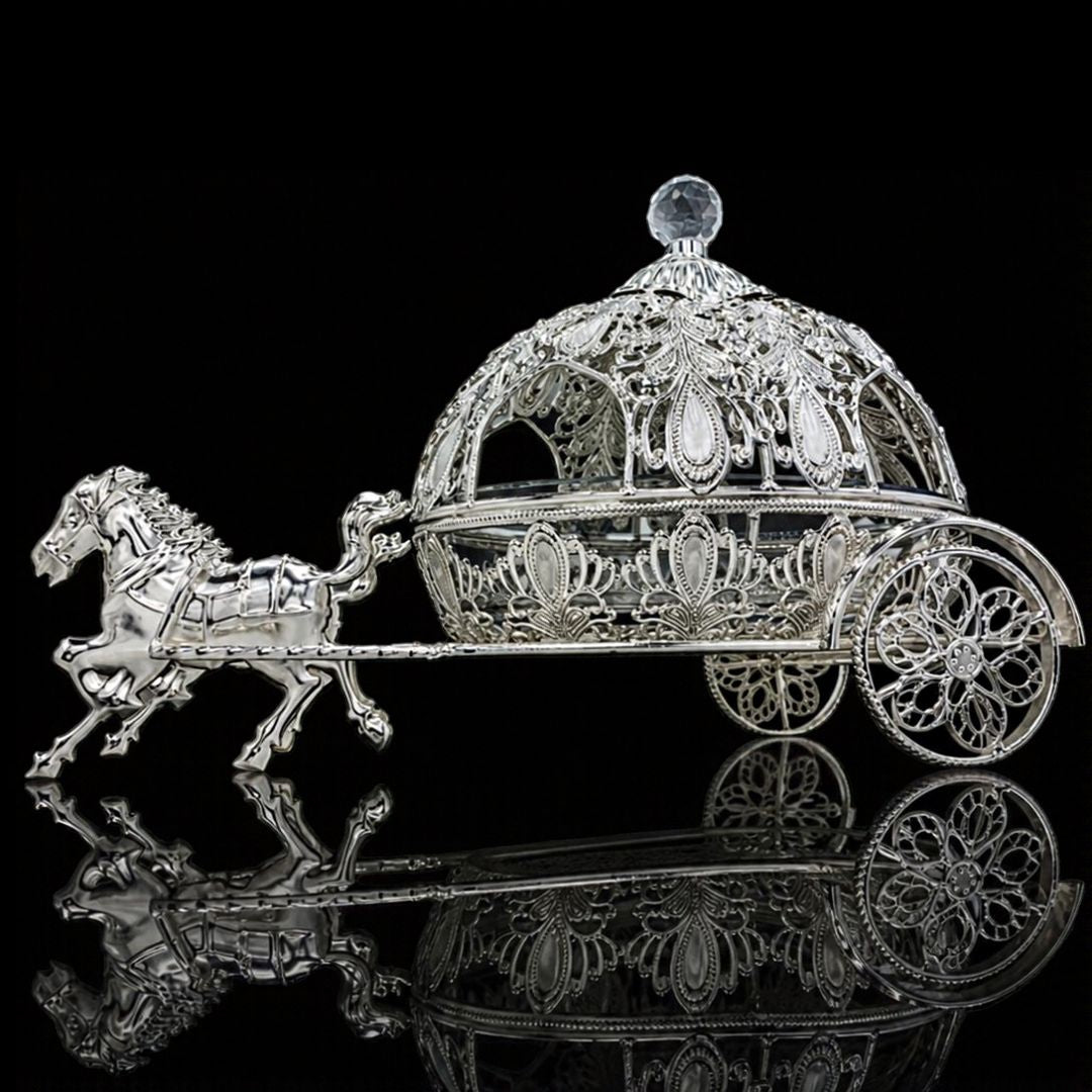 Silver-Pedaled Double Horse Royal Carriage Dry Fruit Box | Luxury Table Decor & Festive Gifting Item