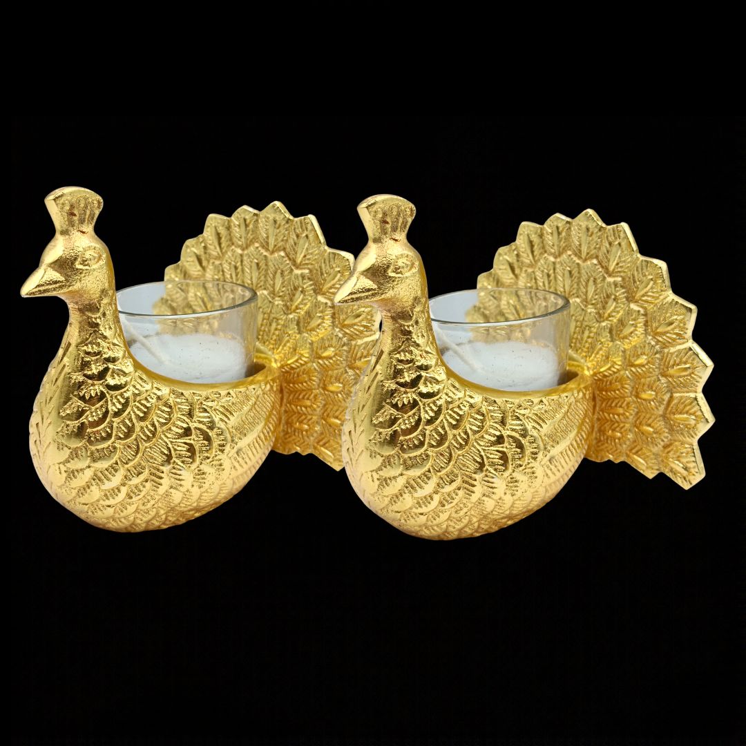 Golden Peacock Candle Holders – Intricate Feather Design, Festive Décor