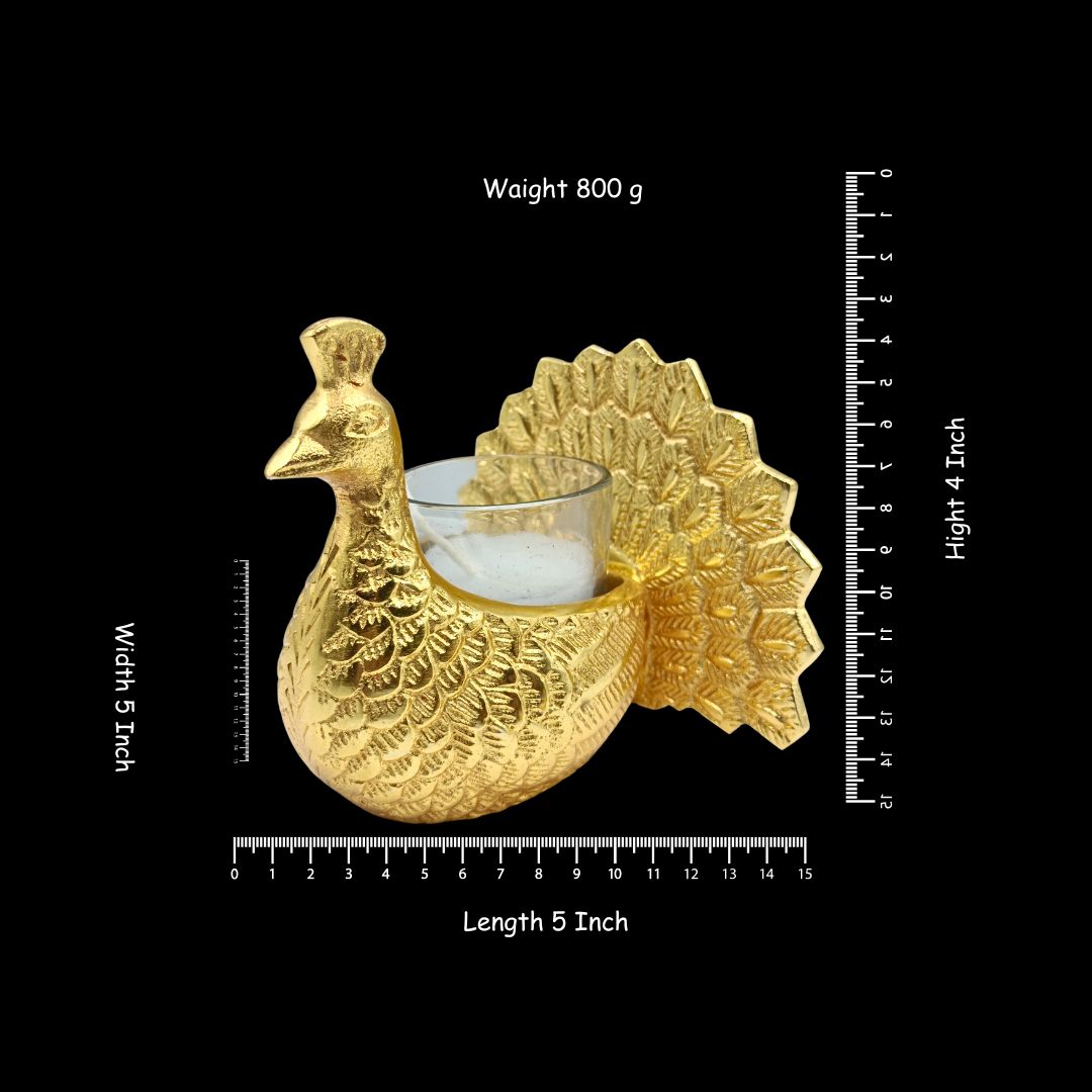 Golden Peacock Candle Holders – Intricate Feather Design, Festive Décor