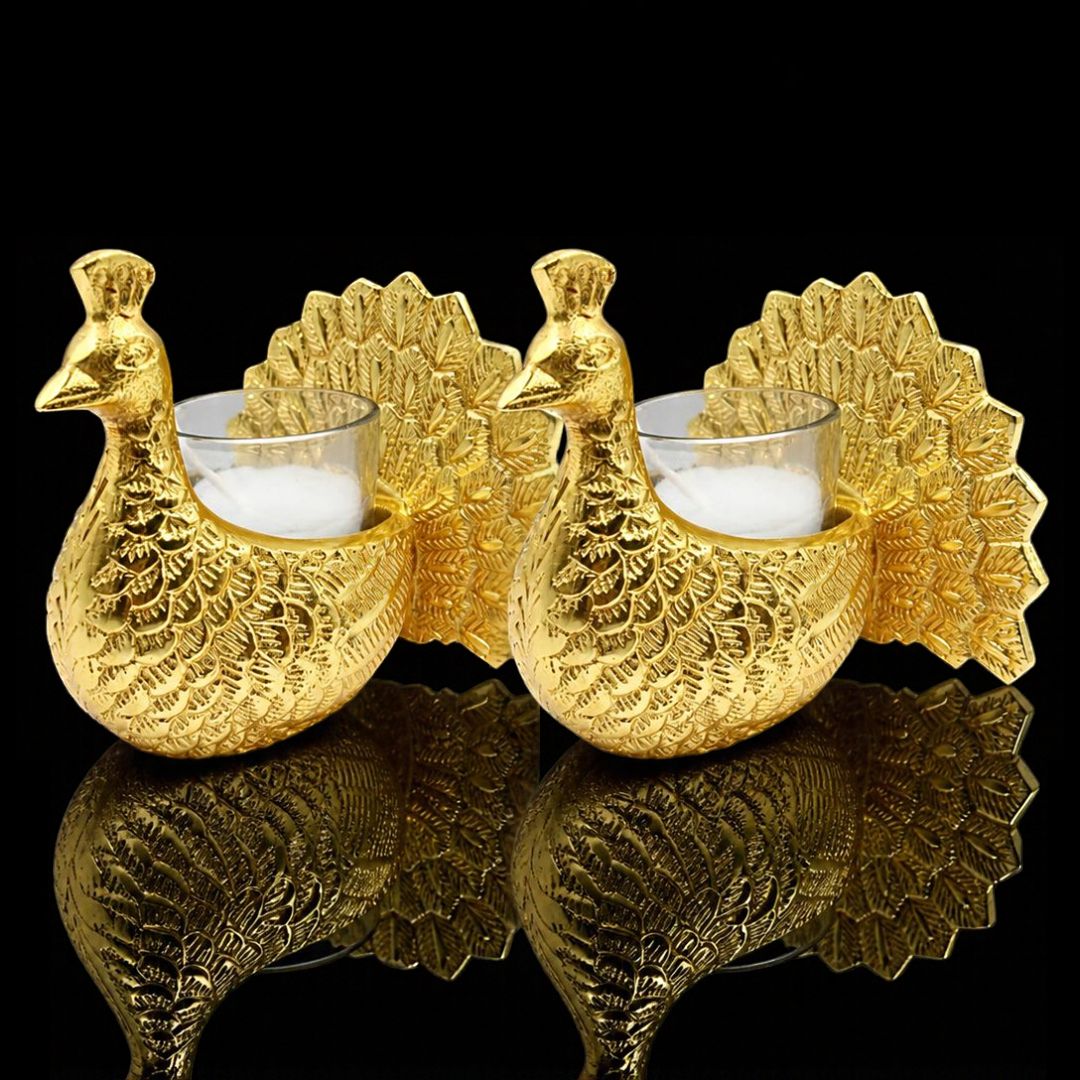 Golden Peacock Candle Holders – Intricate Feather Design, Festive Décor