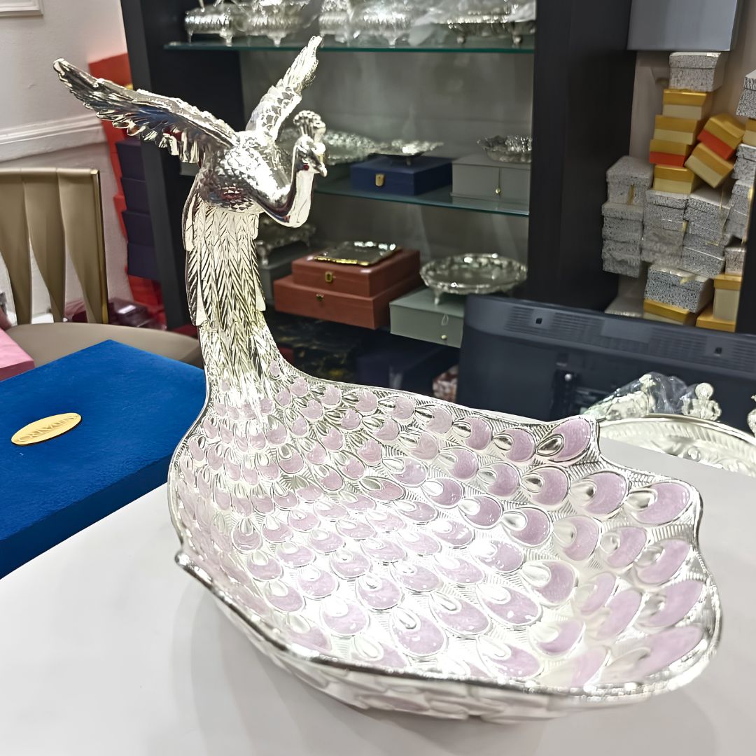 Silver Plated Flying Peacock Platter, Decorative Peacock Tray, Luxury Serving Bowl, Elegant Home Decor, Indian Wedding Gift, Festive Gift