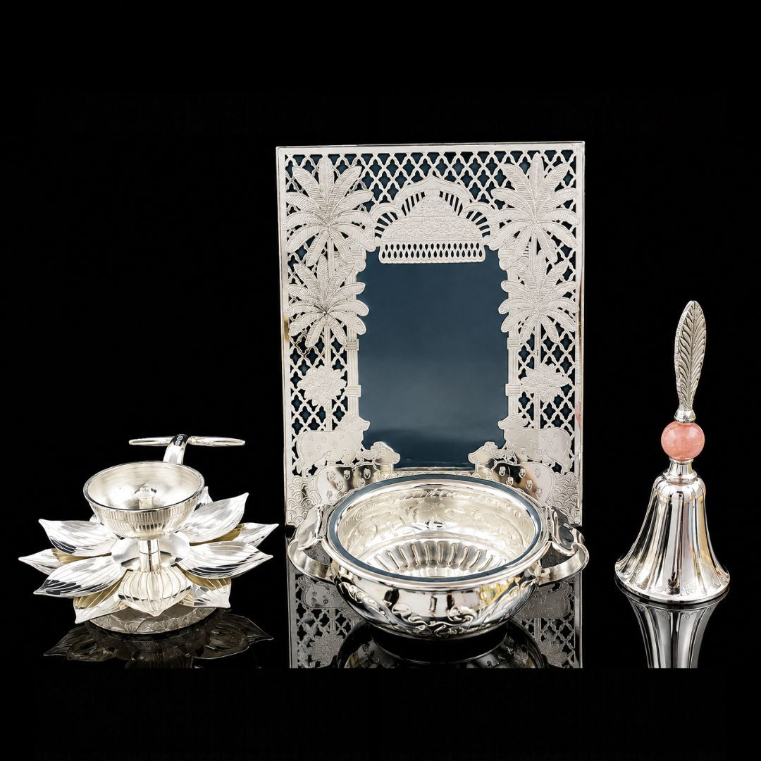 Silver Plated Premium Pooja Set with Lotus Diya, Urli Bowl & Decorative Frame – 9.7 × 6 cm, 2000 g