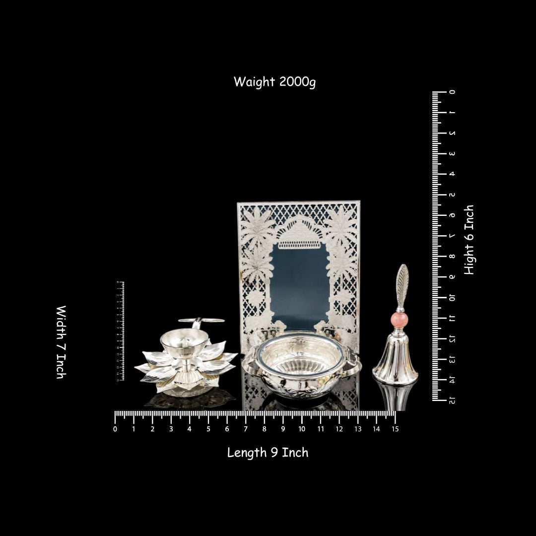 Silver Plated Premium Pooja Set with Lotus Diya, Urli Bowl & Decorative Frame – 9.7 × 6 cm, 2000 g