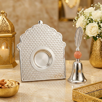 Silver Plated Decorative Pooja Diya & Bell Set | 4 Inch Wall Diya Holder | 6 Inch Height Bell | 300 g