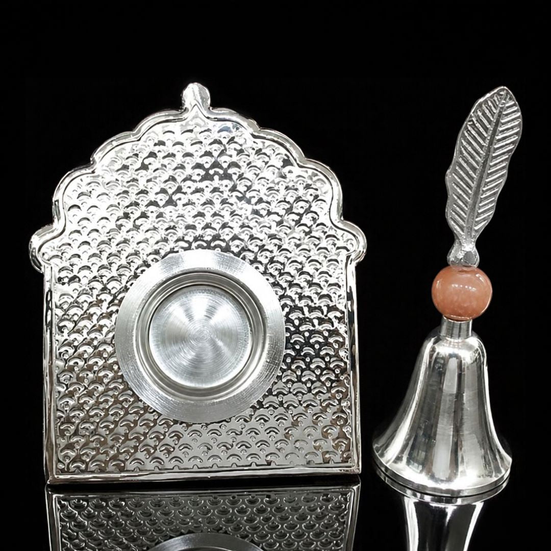 Silver Plated Decorative Pooja Diya & Bell Set | 4 Inch Wall Diya Holder | 6 Inch Height Bell | 300 g