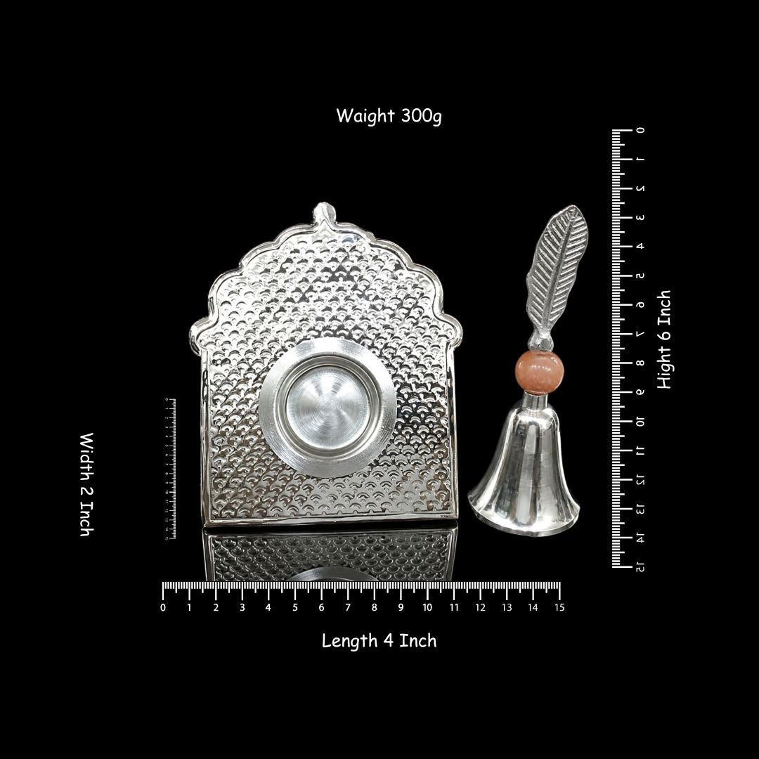Silver Plated Decorative Pooja Diya & Bell Set | 4 Inch Wall Diya Holder | 6 Inch Height Bell | 300 g