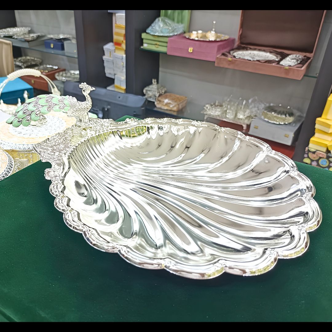 Silver Plated Peacock Sea Shell Seep Serving Tray | Elegant Table Centerpiece | Premium Home Décor & Festive Gifting
