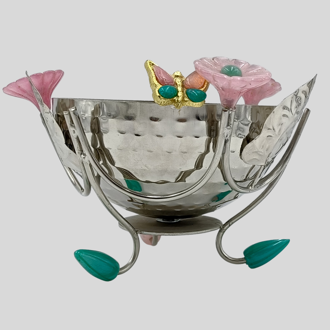 Decorative Silver Fruit Bowl with Floral Design | Metal Serving Basket | Flower Candy Holder | Dry Fruit Tray | Luxury Table Centerpiece Gift