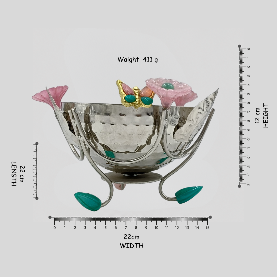 Decorative Silver Fruit Bowl with Floral Design | Metal Serving Basket | Flower Candy Holder | Dry Fruit Tray | Luxury Table Centerpiece Gift