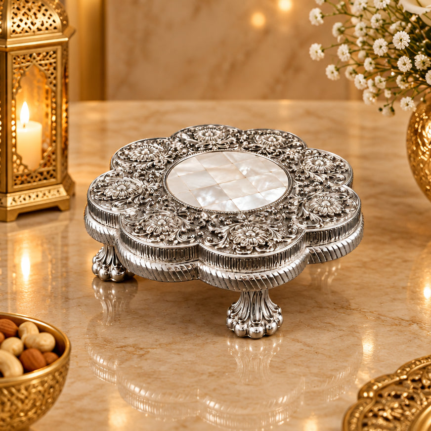 999 Silver Plated Luxury Decorative Floral Chowki | Premium Silver Finish Pooja Chowki | Elegant Home Decor & Gifting