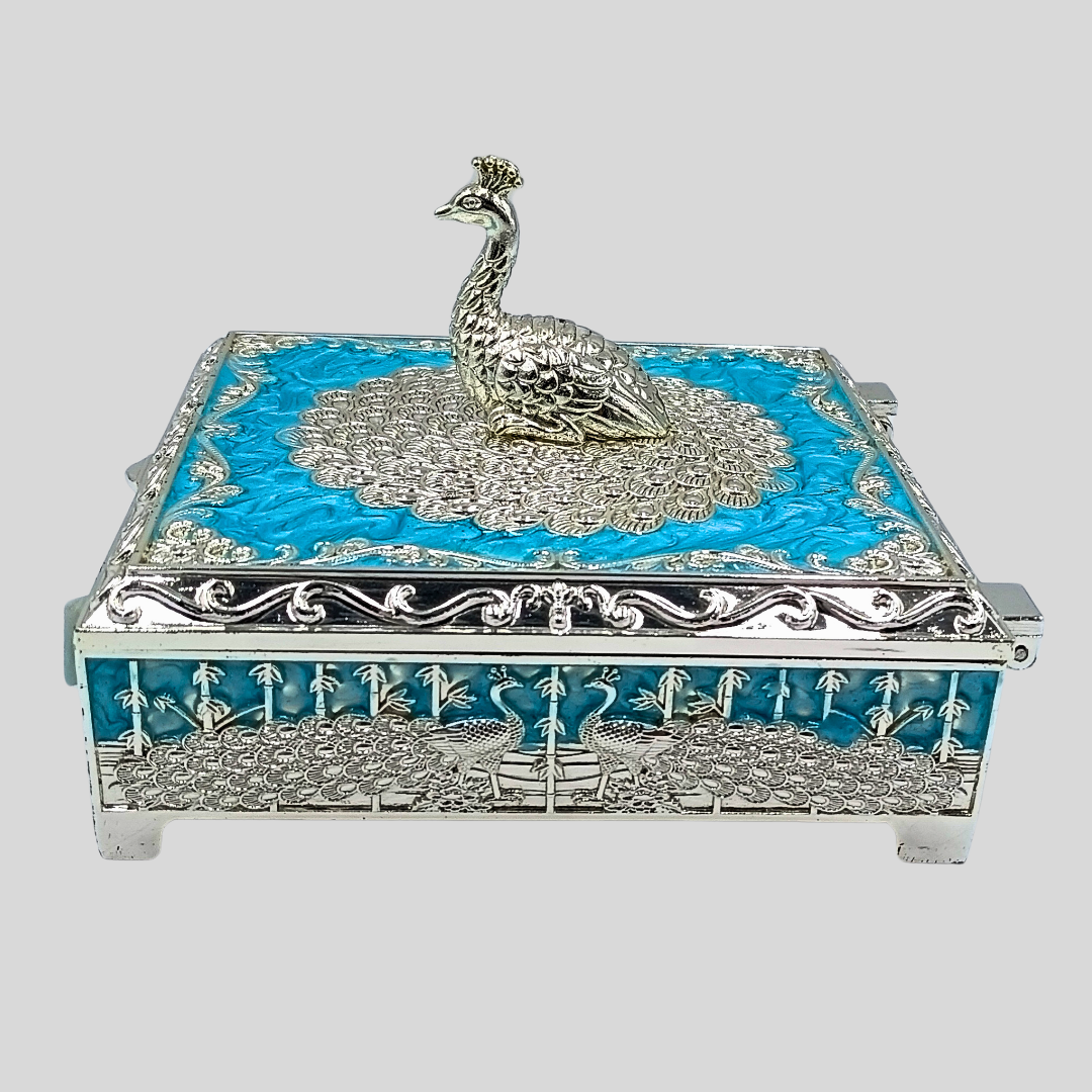 Luxury Peacock Jewelry Box with Lid | Silver Decorative Trinket Box | Squre Storage Box | Wedding Gift | Vanity Organizer | Home Decor Accent