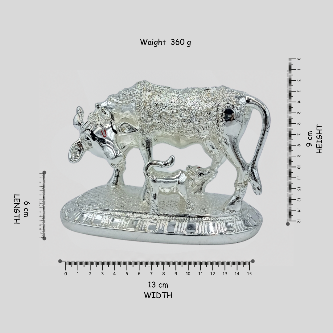 Kamdhenu Cow with Calf Statue |Silver Finish Hindu Idol | Vastu Home Decor | Pooja Room Showpiece