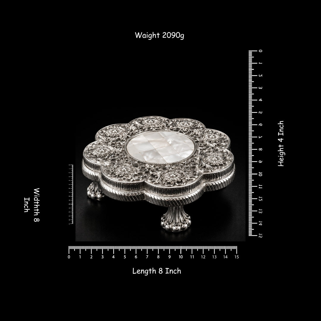 999 Silver Plated Luxury Decorative Floral Chowki | Premium Silver Finish Pooja Chowki | Elegant Home Decor & Gifting