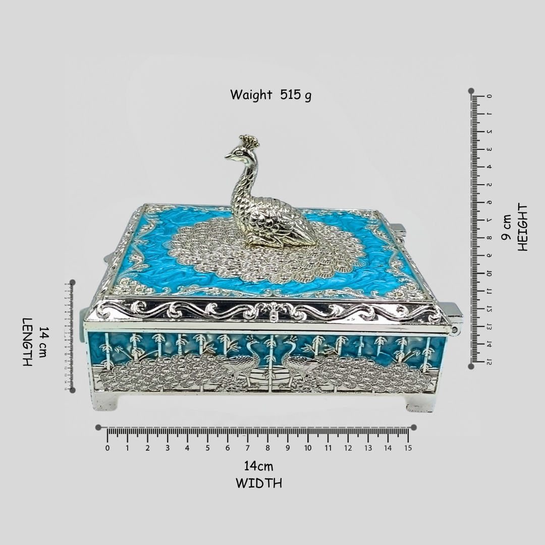 Luxury Peacock Jewelry Box with Lid | Silver Decorative Trinket Box | Squre Storage Box | Wedding Gift | Vanity Organizer | Home Decor Accent