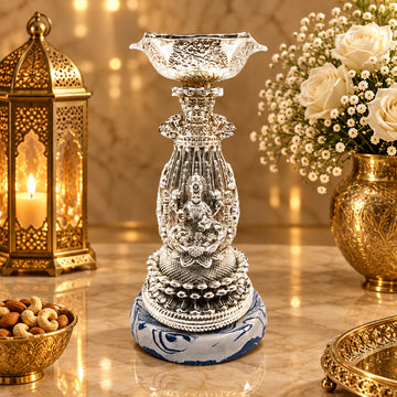 999 Silver Plated Lakshmi Diya Stand | Premium Laxmi Deepak Holder | Traditional Pooja Decor | Luxury Diwali Gift