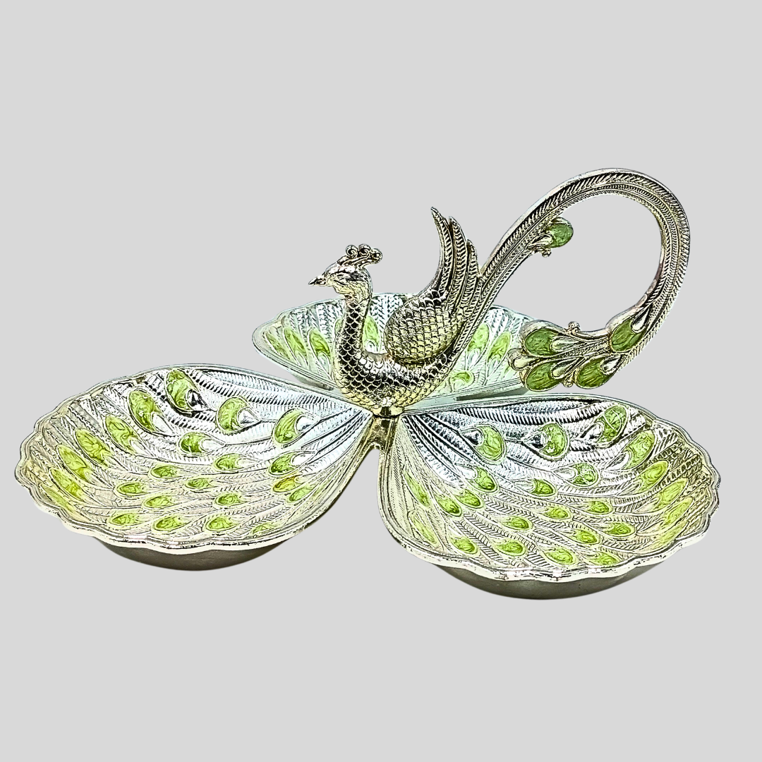 Peacock Serving Bowl Set | 3 Section Dry Fruit Tray | Decorative Candy Dish | Luxury Peacock Centerpiece | Wedding Gift | Home Decor Bowl