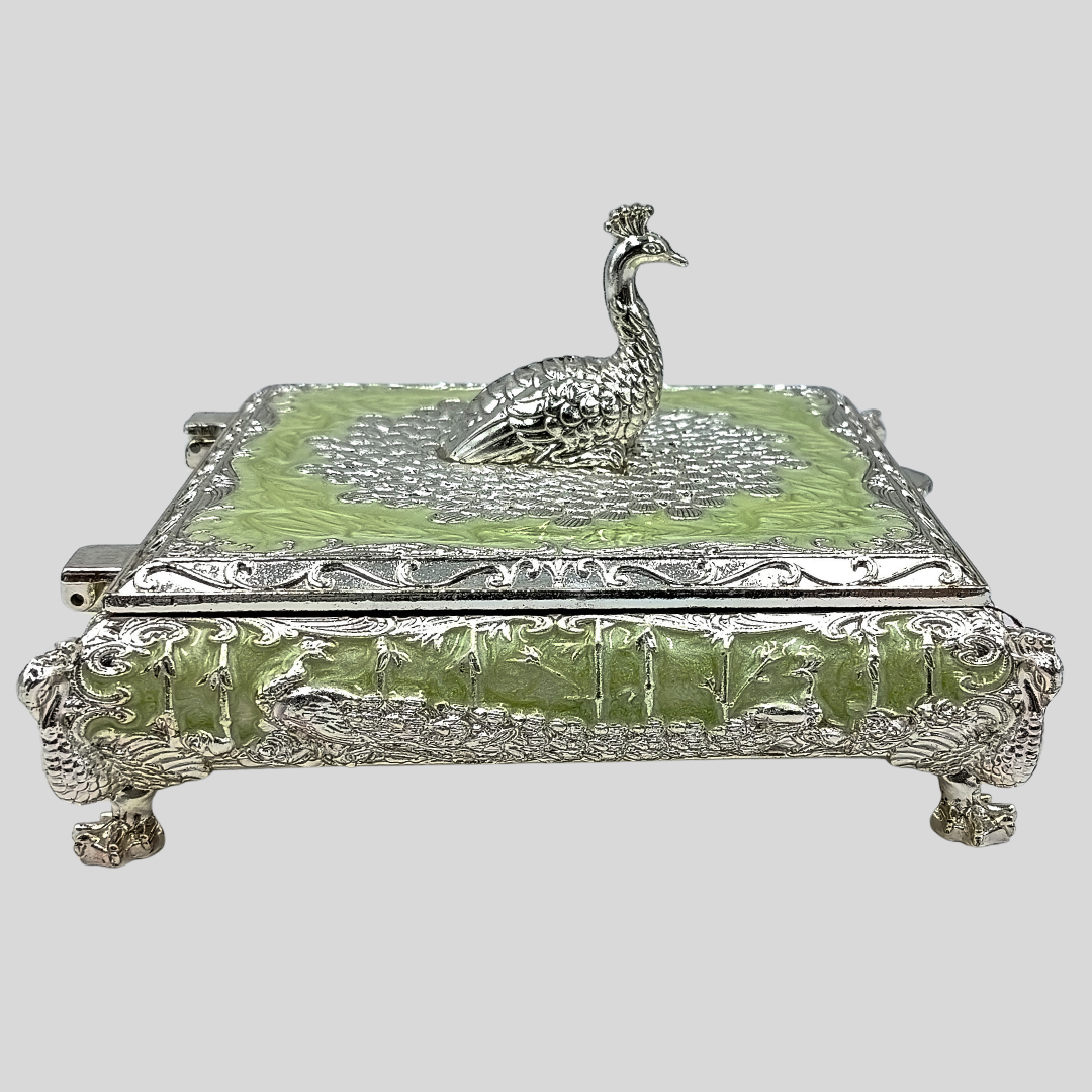 Silver Luxury Peacock Jewelry Box with Lid | Silver Decorative Trinket Box | Squre Storage Box | Wedding Gift | Vanity Organizer | Home Decor Accent