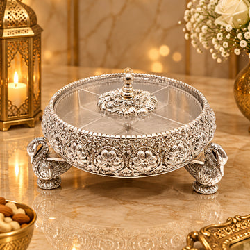 999 Silver Plated Decorative Dry Fruit Box with Peacock Handles & Floral Design | Luxury Gift Box