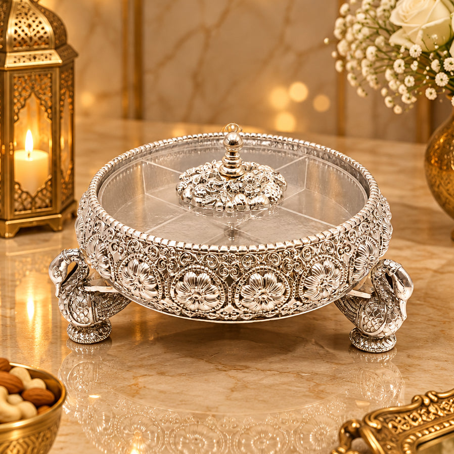 999 Silver Plated Decorative Dry Fruit Box with Peacock Handles & Floral Design | Luxury Gift Box
