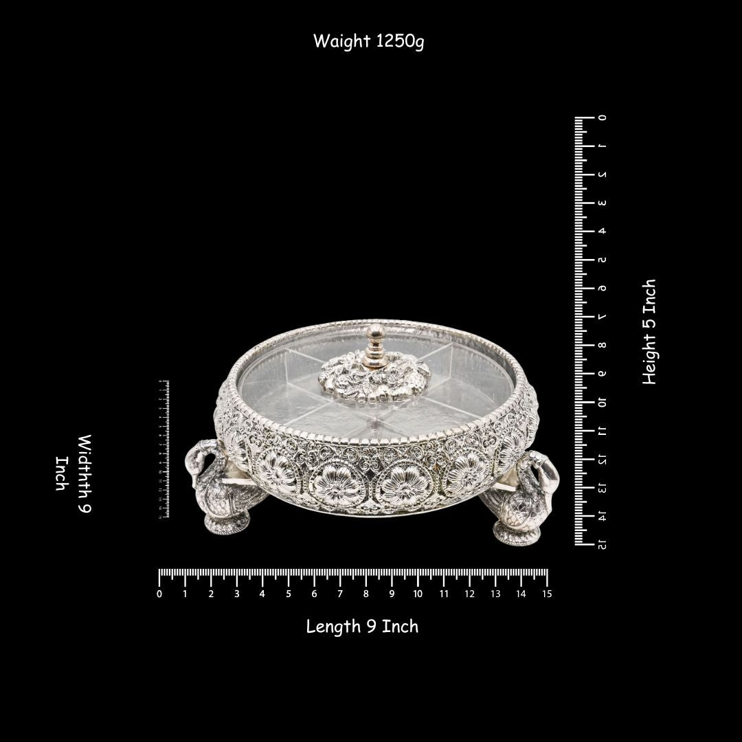 999 Silver Plated Decorative Dry Fruit Box with Peacock Handles & Floral Design | Luxury Gift Box