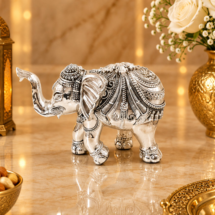 999 Silver Plated Majestic Gajraj  Figurine | Big Size Luxury Elephant Showpiece for Home Decor, Vastu, & Gifting (13" x 10" x 13", 2680g)
