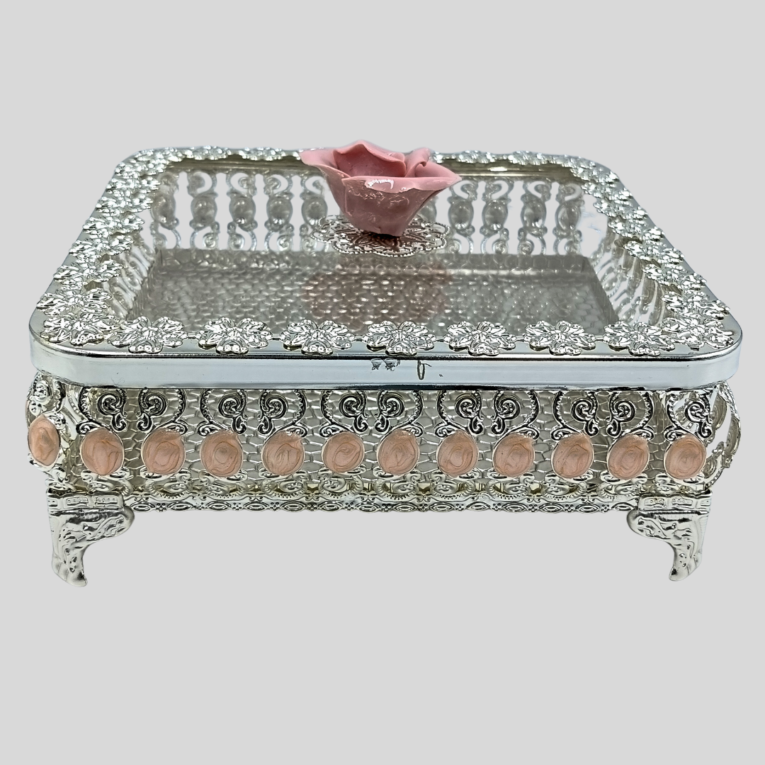 Luxury Silver Plated Dry Fruit Box with Pink Rose Accent | Decorative Dry Fruit & Candy Storage Box | Premium Wedding, Diwali & Housewarming Gift