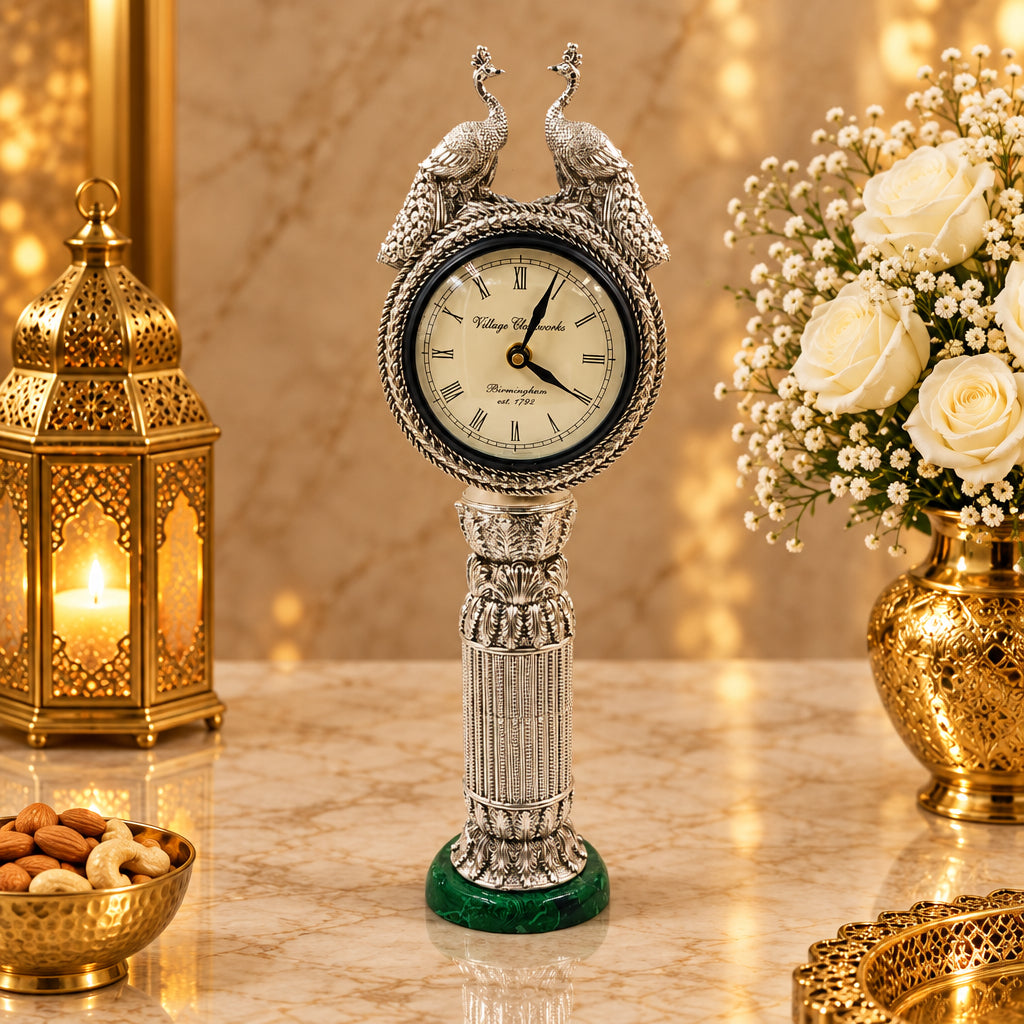 999 Silver Plated Peacock Table Clock | Luxury Decorative Desk Clock with Twin Peacock Design | Royal Home Décor & Gifting