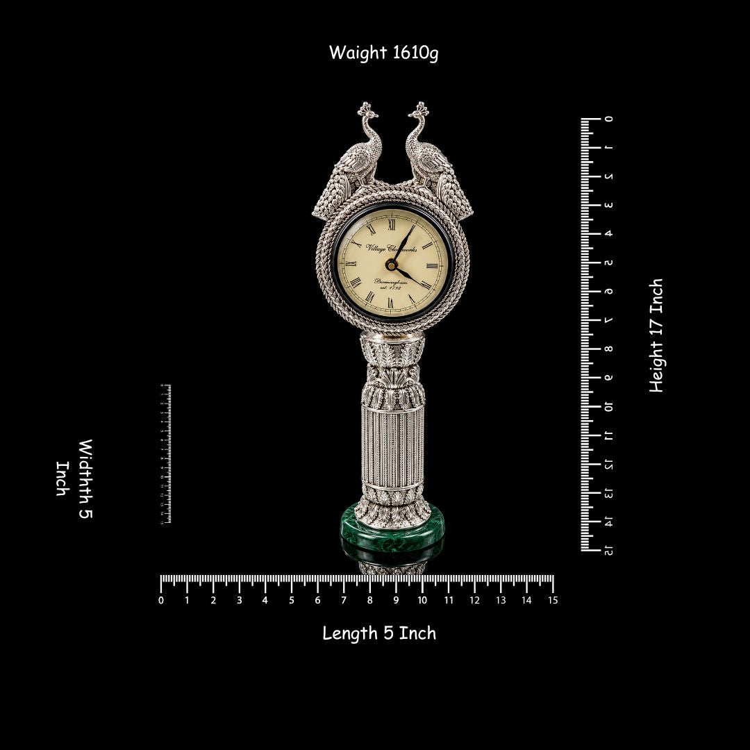 999 Silver Plated Peacock Table Clock | Luxury Decorative Desk Clock with Twin Peacock Design | Royal Home Décor & Gifting