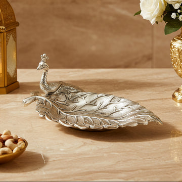 Silver Plated Peacock Leaf Decorative Tray | Luxury Peacock Leaf Platter for Home Decor & Gifting