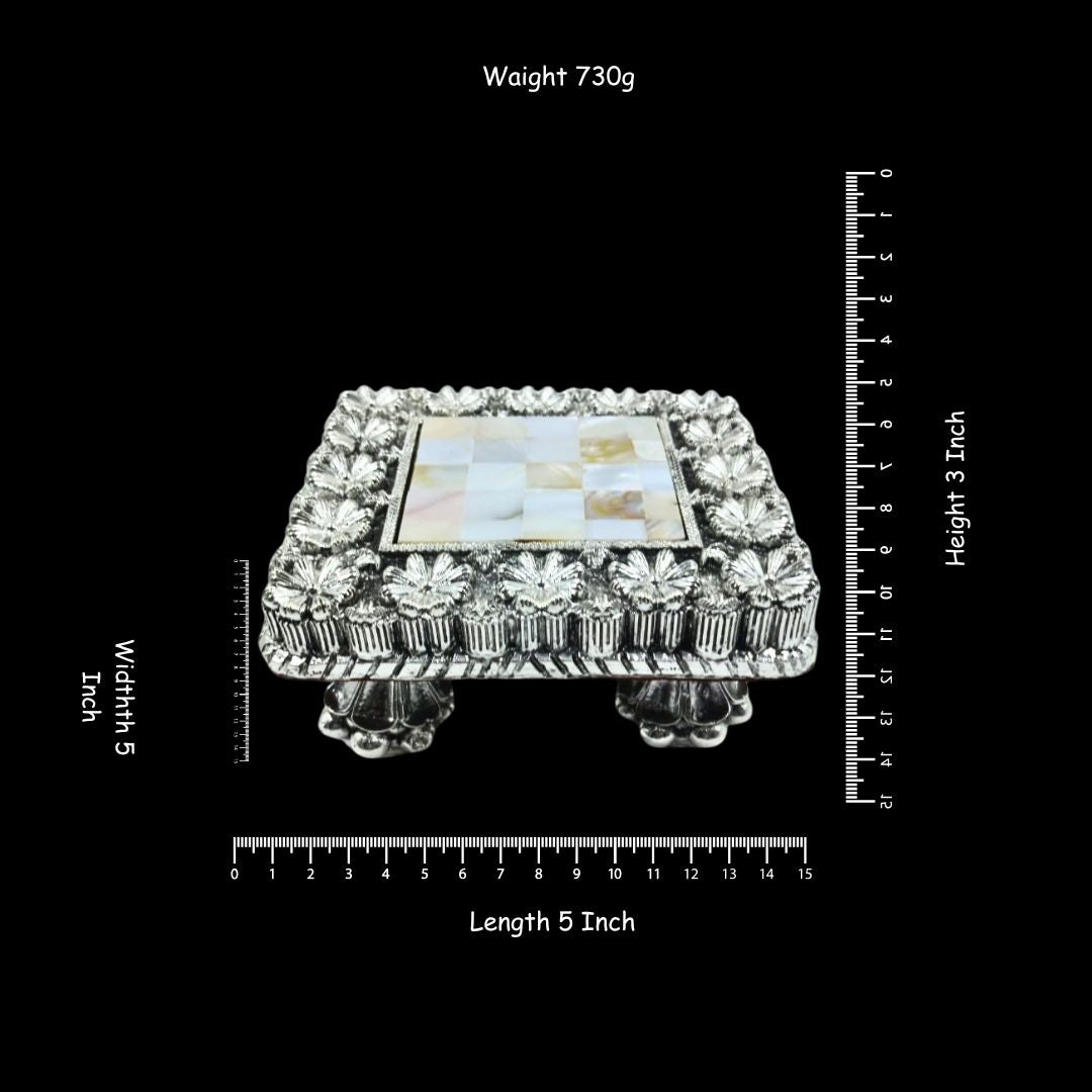 999 Silver Plated Designer Chowki for Laddu Gopal | Luxury Pooja Chowki with Floral Design & Mother of Pearl Inlay | Krishna Ji Singhasan