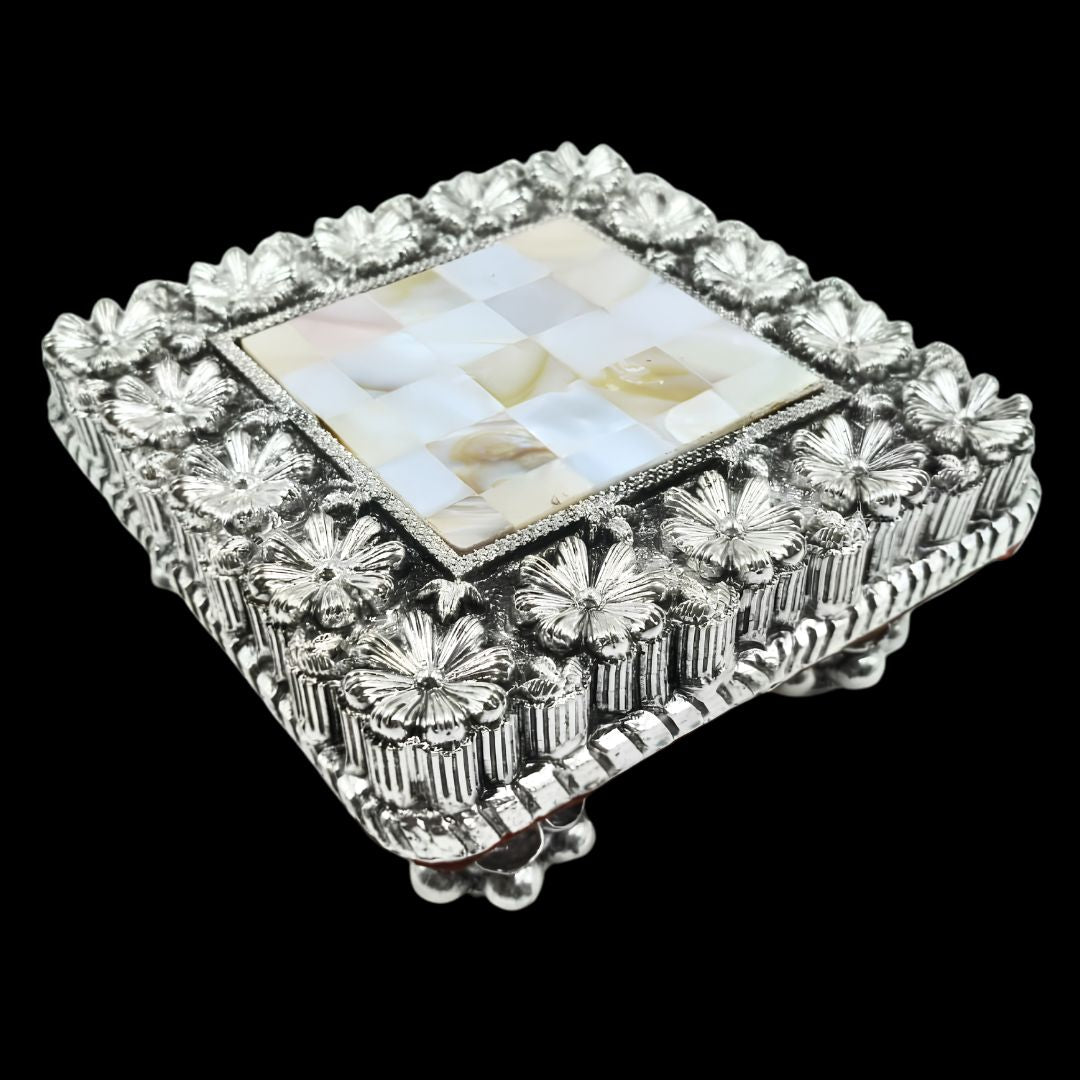999 Silver Plated Designer Chowki for Laddu Gopal | Luxury Pooja Chowki with Floral Design & Mother of Pearl Inlay | Krishna Ji Singhasan