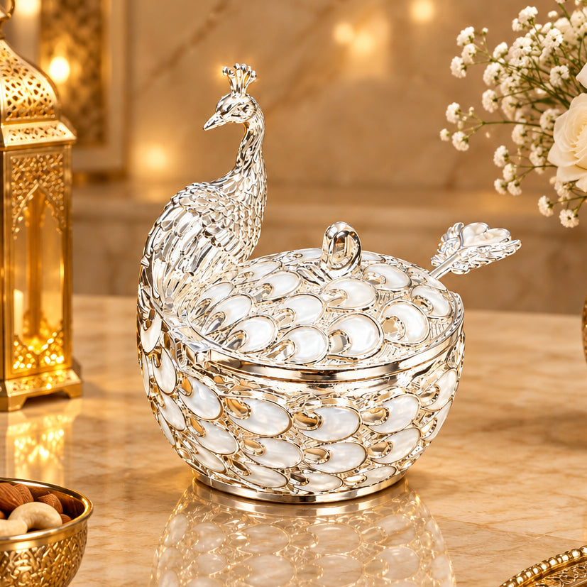 Silver Plated Round Peacock Candy Bowl | Luxury Peacock Trinket Box | Decorative Gift Box | Royal Home Decor | Wedding Gift