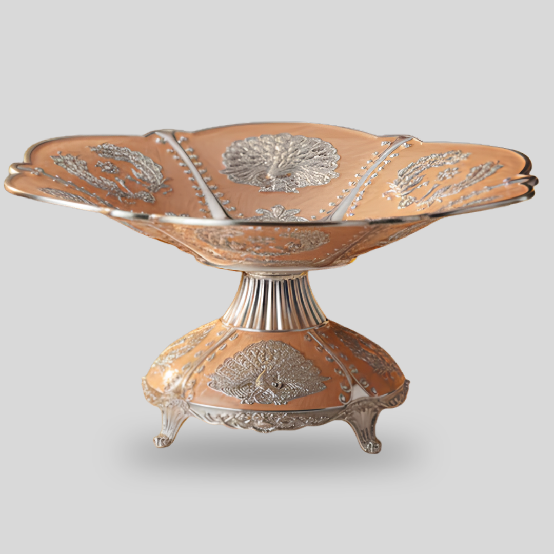 Luxury Decorative Pedestal Fruit Bowl with Peacock Design | Premium Dry Fruit Serving Bowl | 28 x 28 x 13 cm | 630g | Elegant Centerpiece Gift