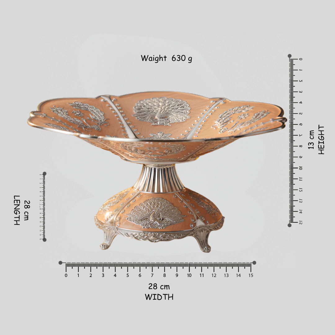 Luxury Decorative Pedestal Fruit Bowl with Peacock Design | Premium Dry Fruit Serving Bowl | 28 x 28 x 13 cm | 630g | Elegant Centerpiece Gift