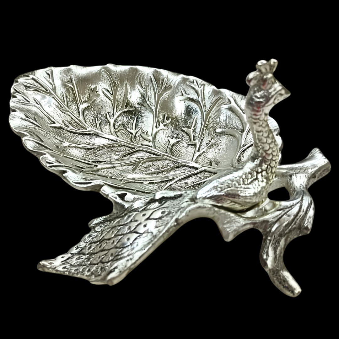 Silver Plated Peacock Leaf Decorative Tray | Luxury Peacock Leaf Platter for Home Decor & Gifting
