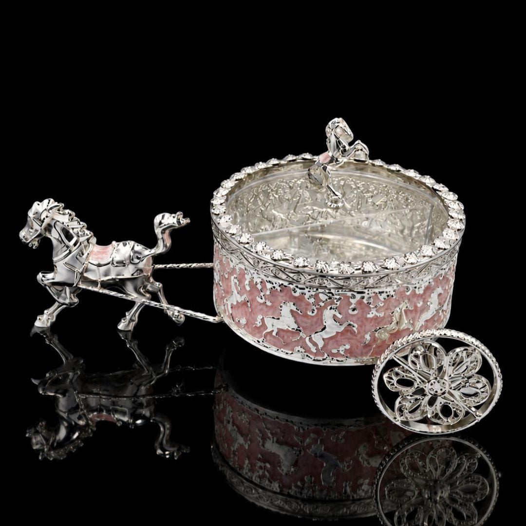 Royal Handcrafted 4-Part Horse Cart Dry Fruit Box & Serving Tray for Home Decor, Diwali & Festive Gifting