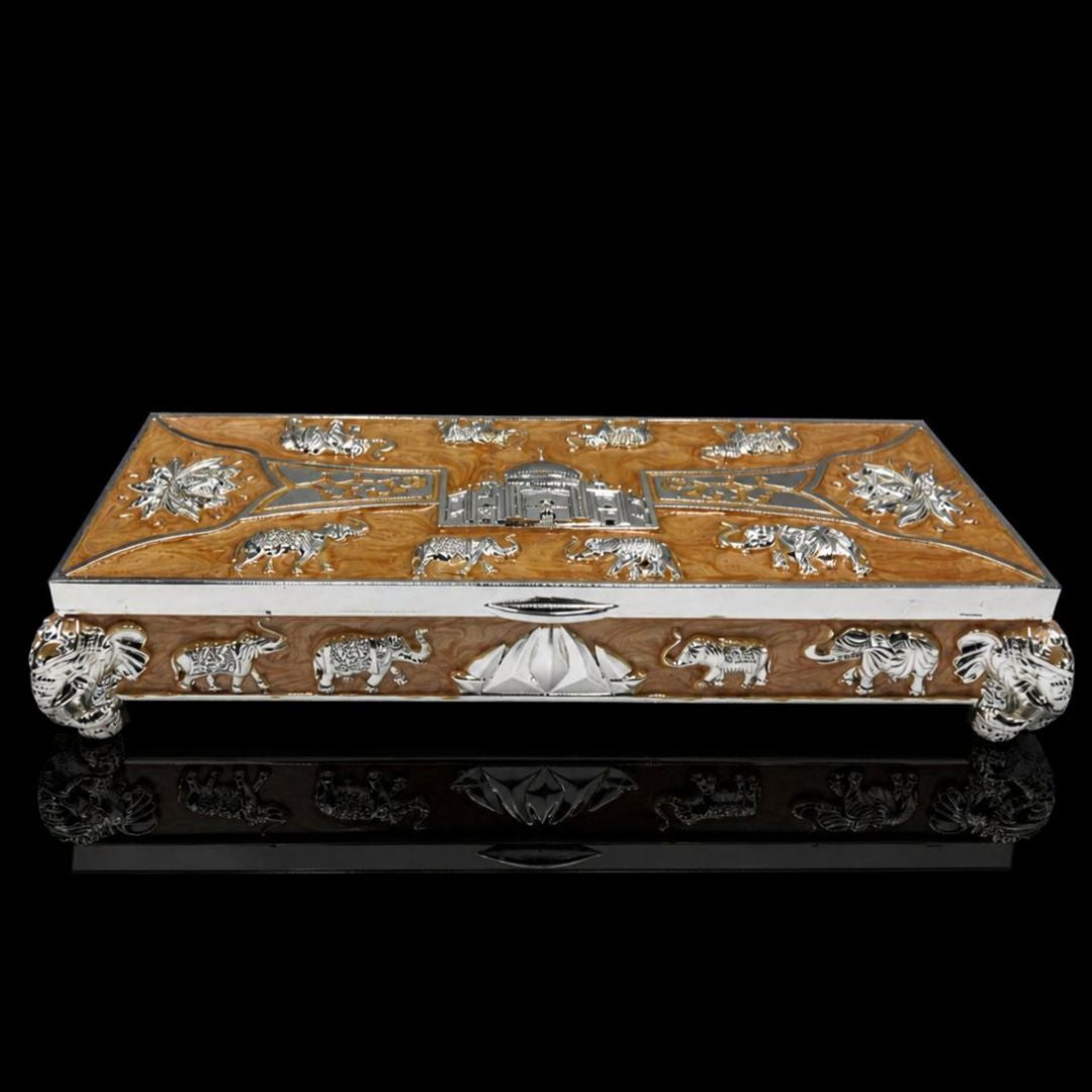 Plated Rectangular Dry Fruit Box with Taj Mahal & Animal Motifs – 4-Compartment Luxury Gift & Home Decor Box (9 x 4 x 2 Inch, 640g)