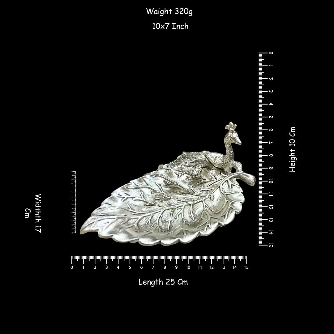 Silver Plated Peacock Leaf Decorative Tray | Luxury Peacock Leaf Platter for Home Decor & Gifting