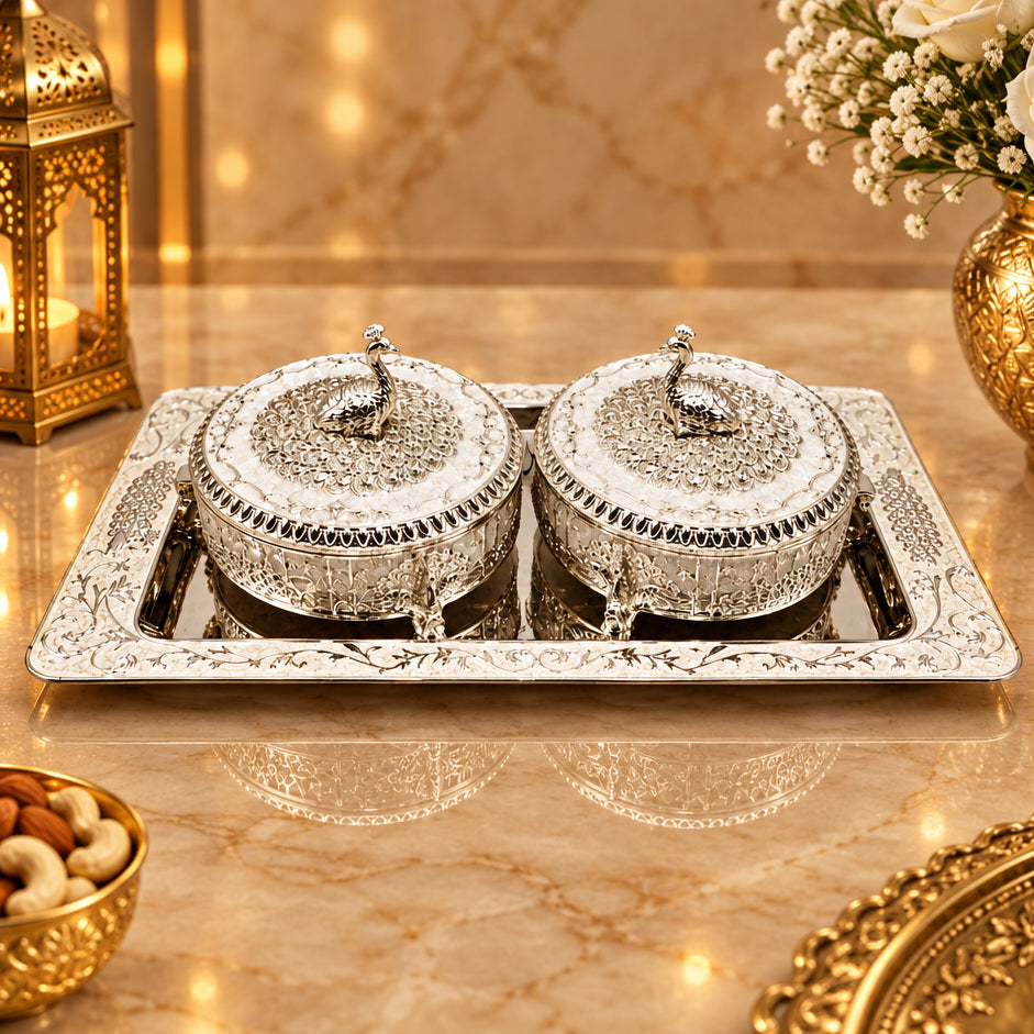 Silver-Plated Round Bowl Set with Tray, Peach & White Decorative Containers, Table Centerpiece & Gift Item