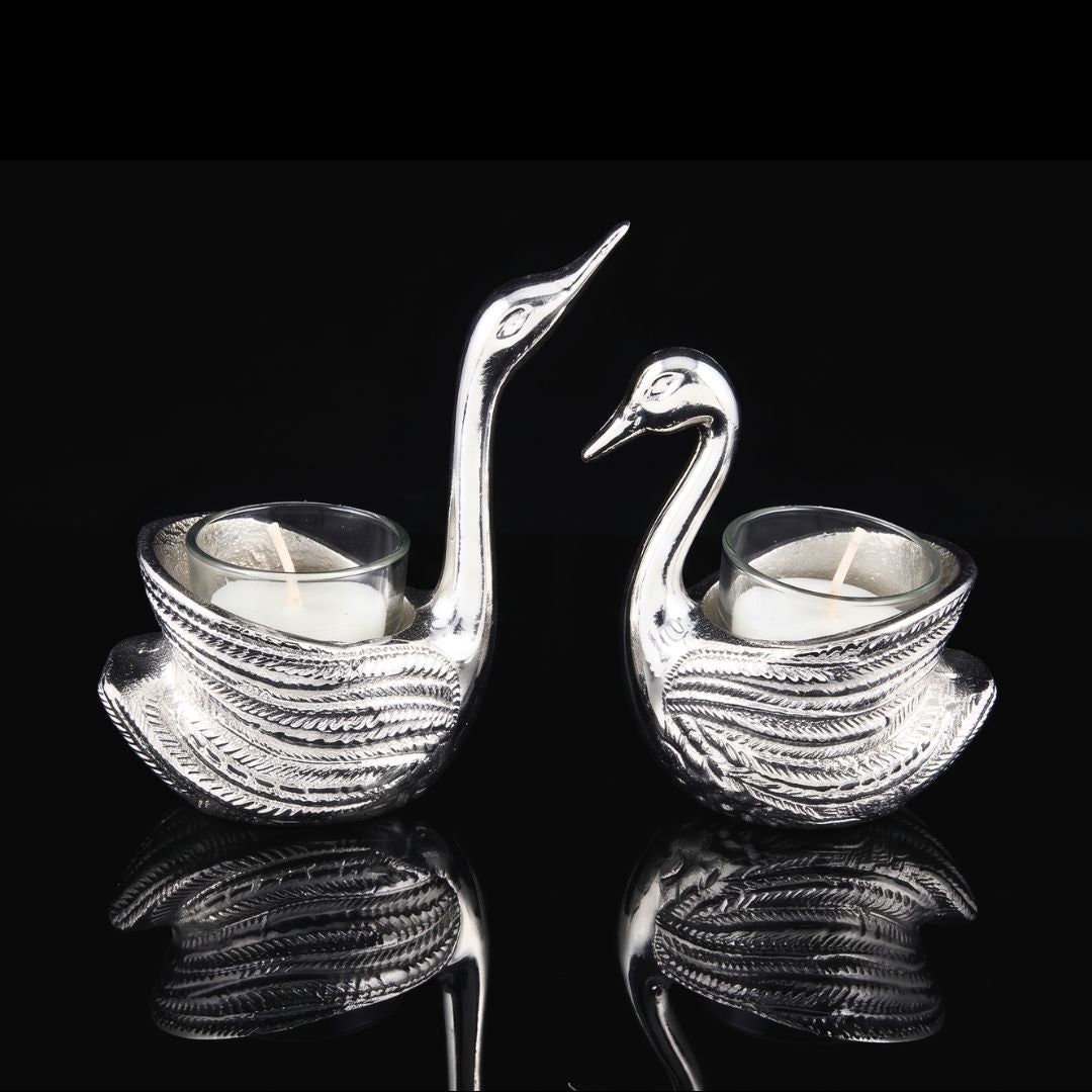 Silver-Plated Swan Pair Candle Stand, Decorative Tealight Holders, Table Centerpiece & Gift Item