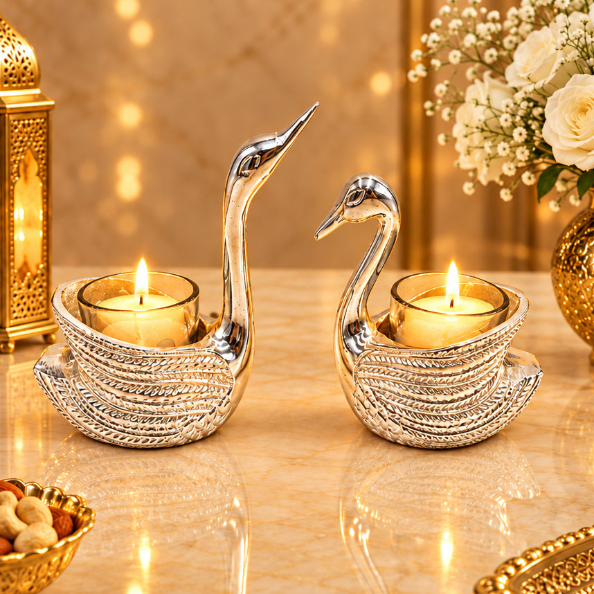 Silver-Plated Swan Pair Candle Stand, Decorative Tealight Holders, Table Centerpiece & Gift Item