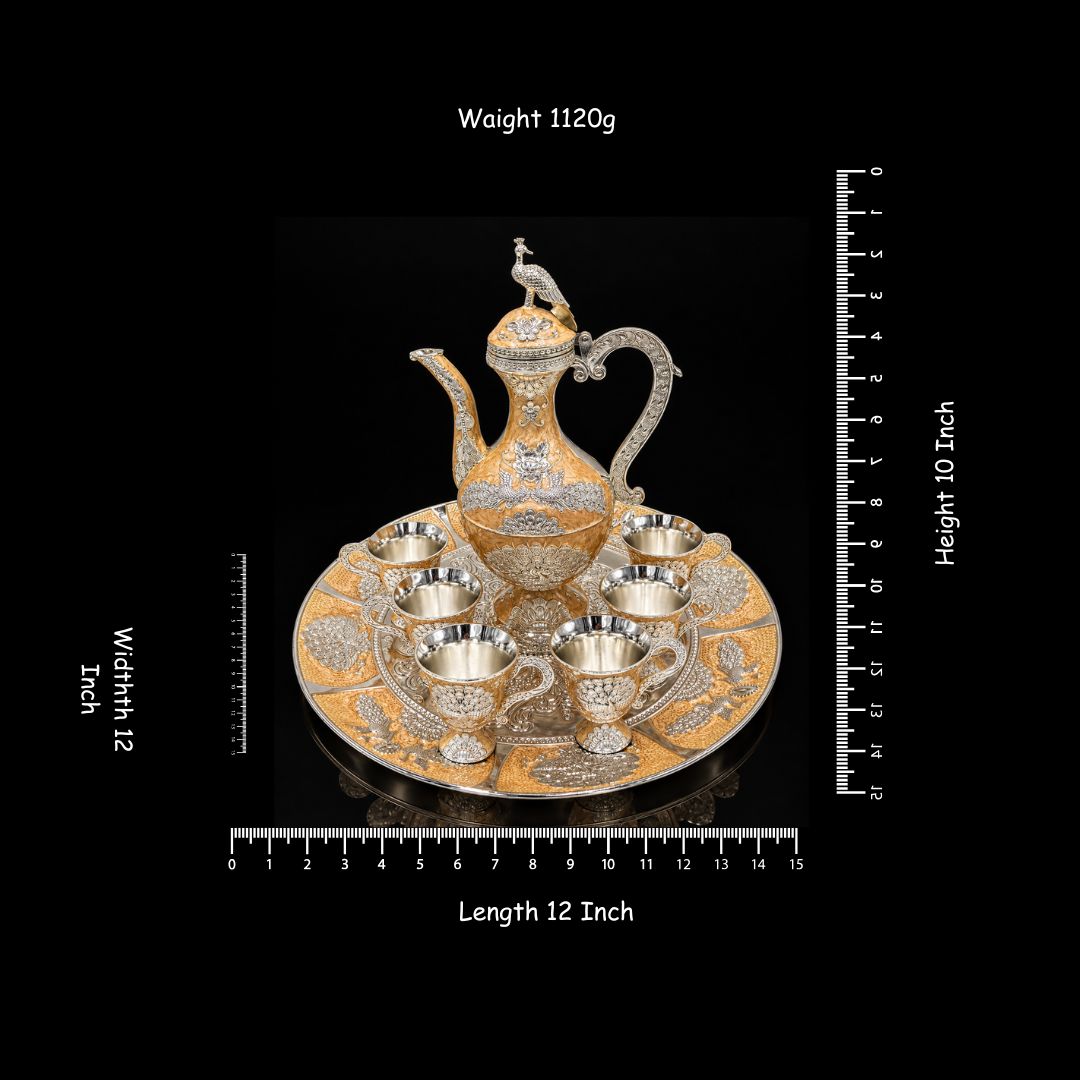 Silver Plated Arabic Coffee and Tea Serving Set | Ornate Pot with Matching Cups & Serving Tray | Luxury Middle Eastern Drinkware, Table Centerpiece & Festive Gift