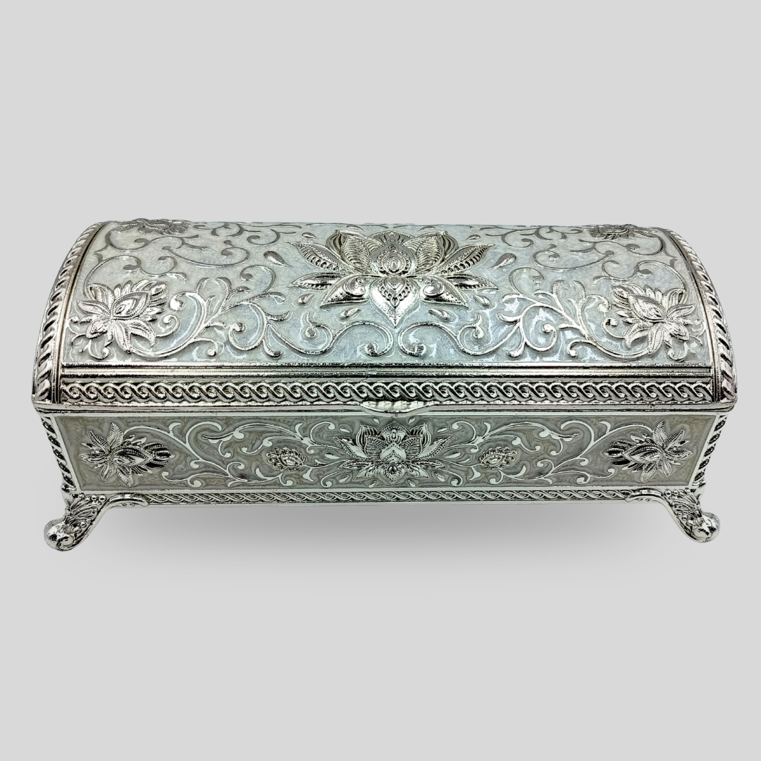 Silver Decorative Lotus Jewelry Storage Box – Handcrafted Ornamental Trinket Box for Rings, Earrings & Keepsakes | Vintage Home Décor Gift